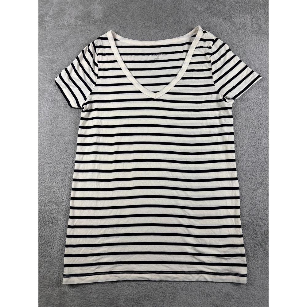 Merona Womens Cream/Black Striped Boat Neck Short Sleeve Shirt Sz Xs